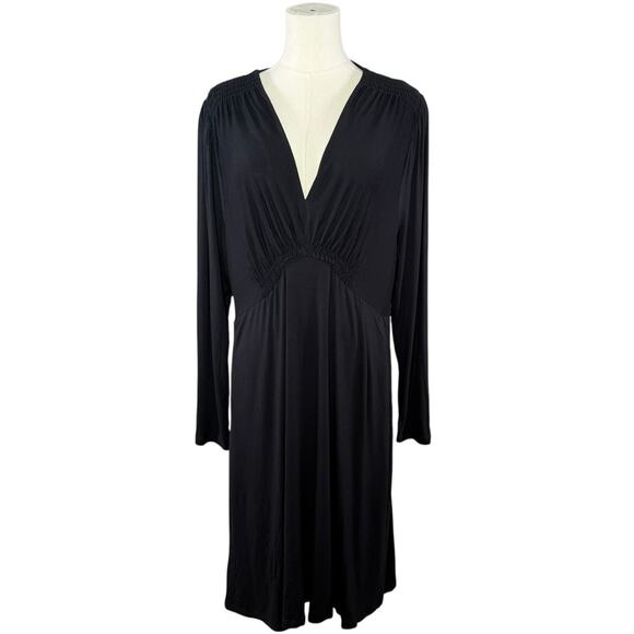 Boden Black Long Sleeve Dress | Deep V-Neck Ruched Waist Midi | Size 16/18R NWT - Picture 2 of 12